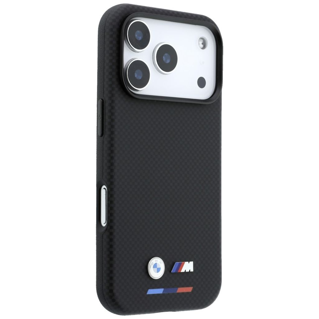 BMW Quadrille Kevlar Tricolor Logo MagSafe -kuori Rengasjalusta iPhone 17 Pro Max/18 Pro Max:lle - Musta