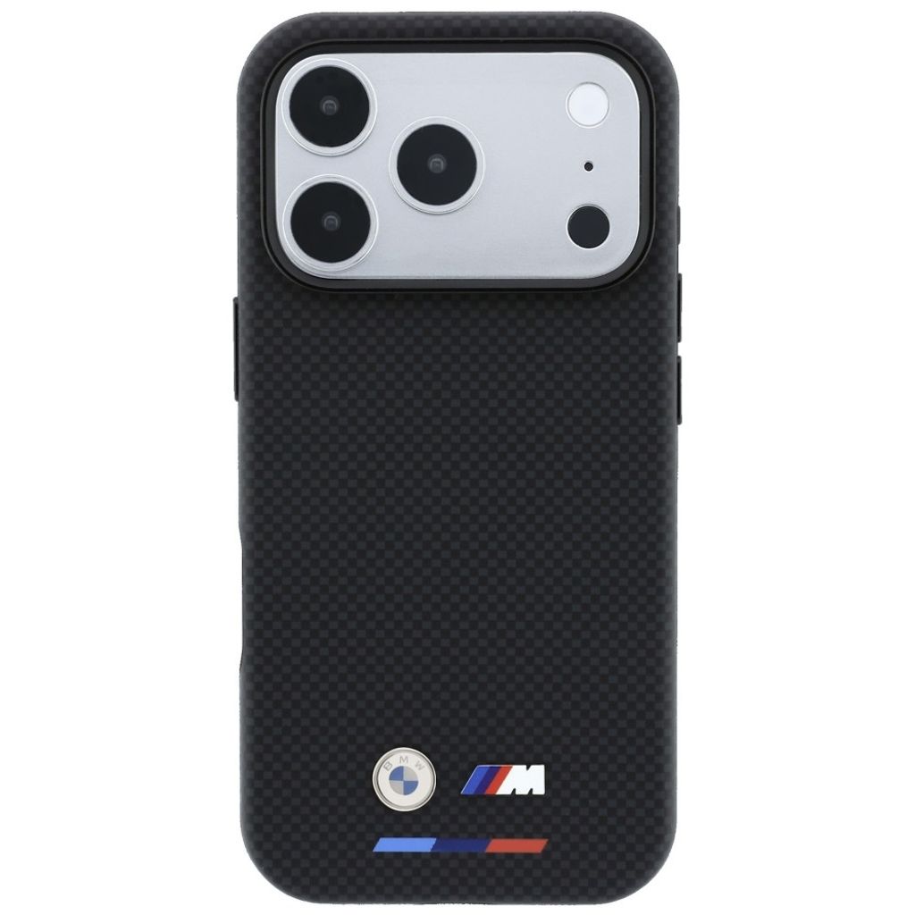 BMW Quadrille Kevlar Tricolor Logo MagSafe -kuori Rengasjalusta iPhone 17 Pro Max/18 Pro Max:lle - Musta
