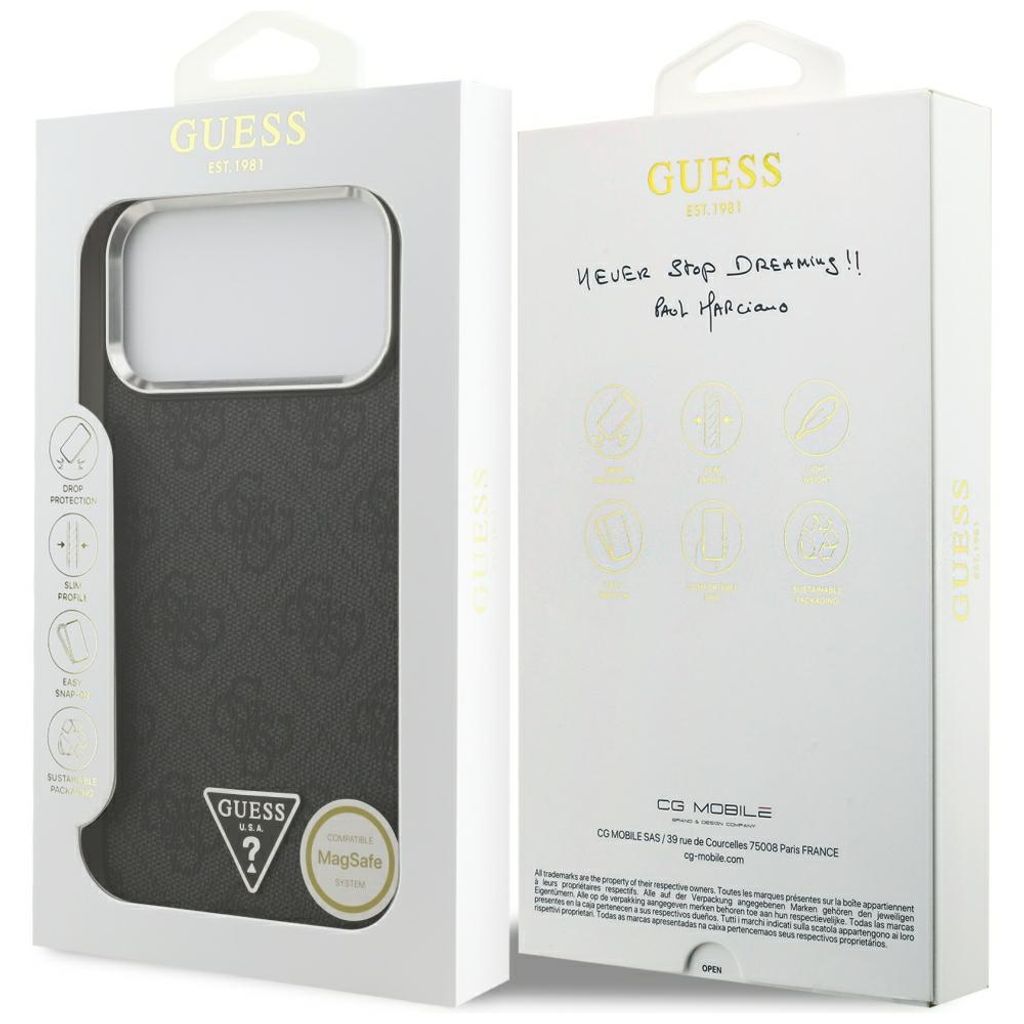 Guess 4G Triangle Logo MagSafe -kuori iPhone 17 Pro Max/18 Pro Max:lle - Musta/Hopea