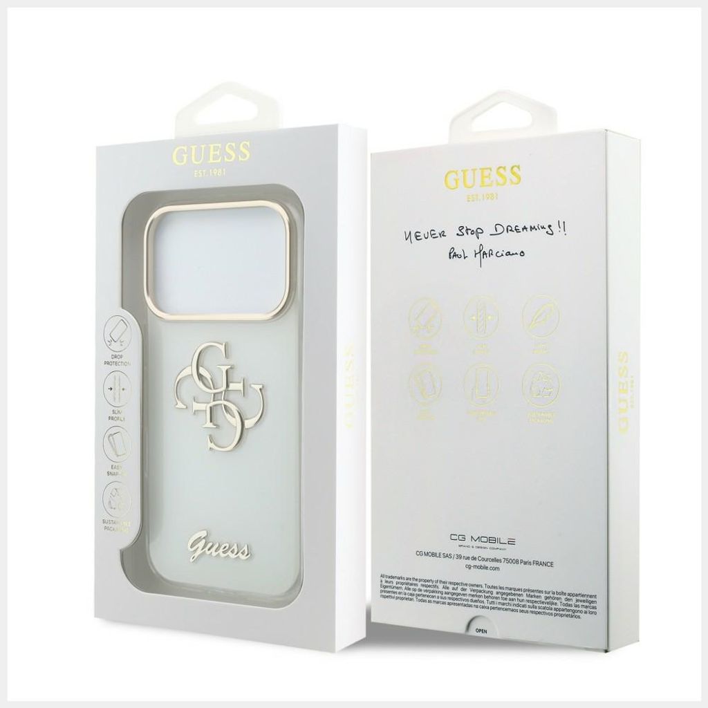 Guess 4G Script Metal -kuori iPhone 17 Pro Max/18 Pro Max:lle - Valkoinen