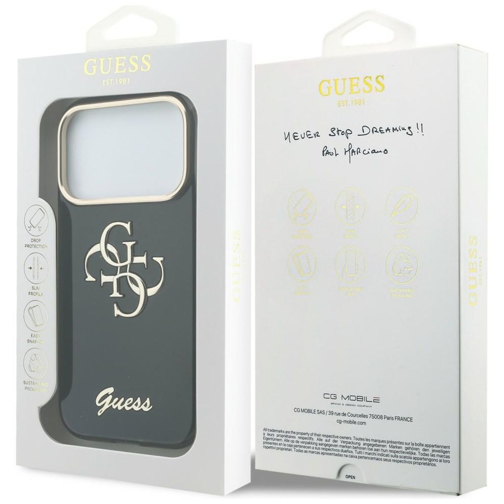 Guess 4G Script Metal -kuori iPhone 17 Pro Max/18 Pro Max:lle - Musta