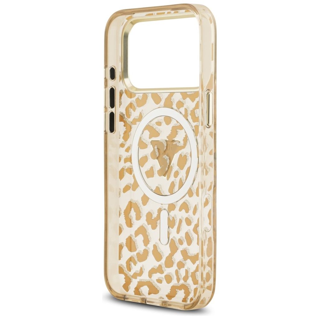 Guess Leopard Glitter Triangle Logo MagSafe -kuori iPhone 17 Pro/18 Pro:lle - Ruskea