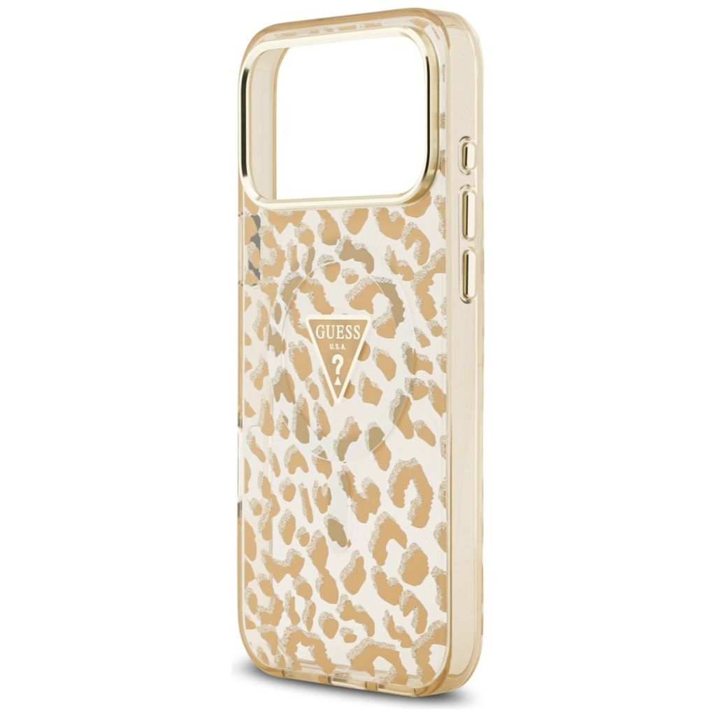 Guess Leopard Glitter Triangle Logo MagSafe -kuori iPhone 17 Pro/18 Pro:lle - Ruskea