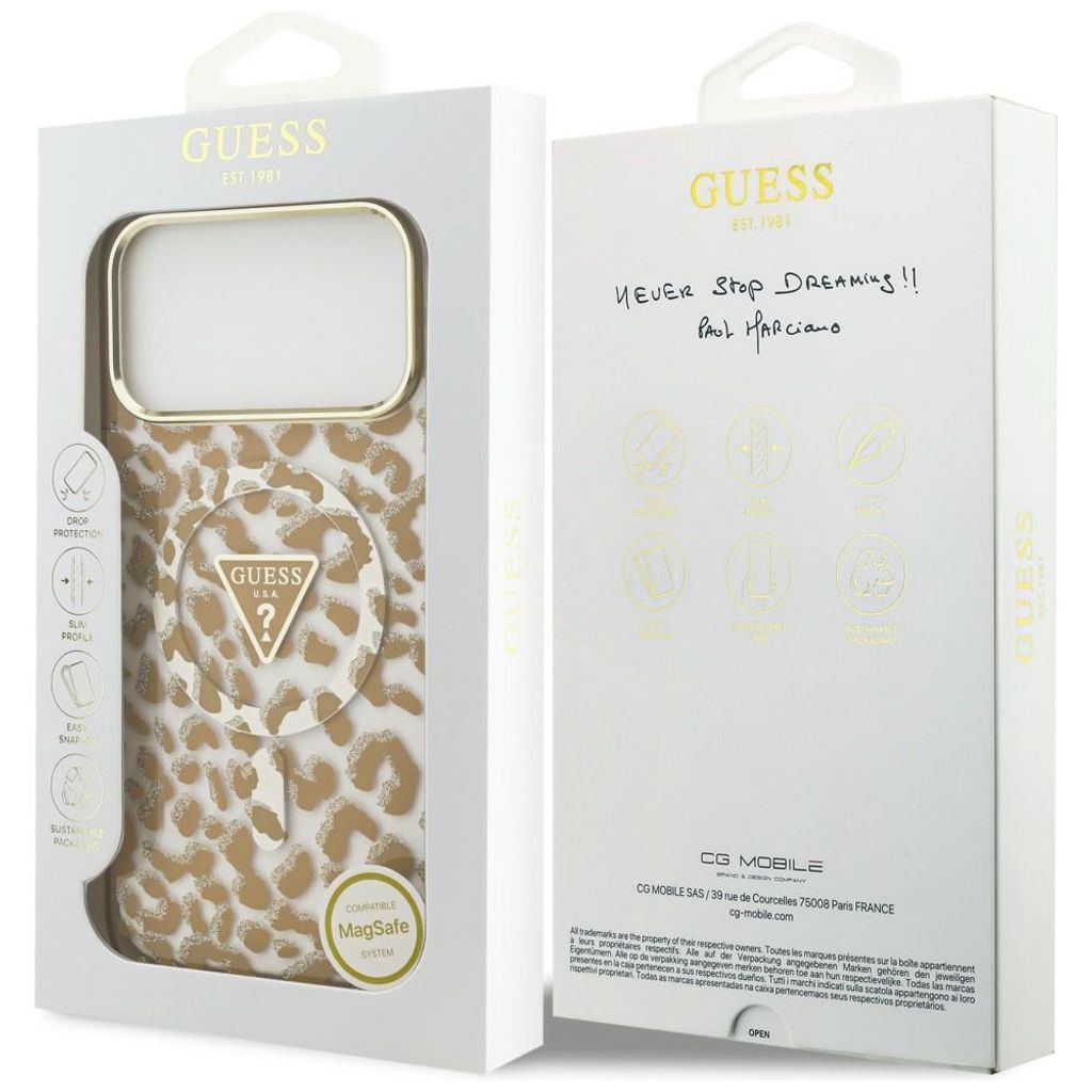 Guess Leopard Glitter Triangle Logo MagSafe -kuori iPhone 17 Pro/18 Pro:lle - Ruskea