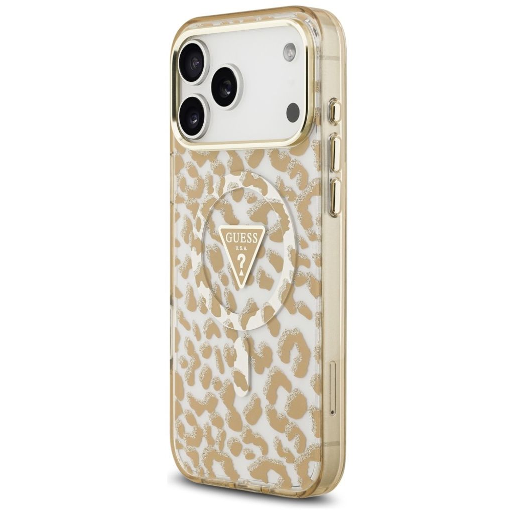 Guess Leopard Glitter Triangle Logo MagSafe -kuori iPhone 17 Pro/18 Pro:lle - Ruskea
