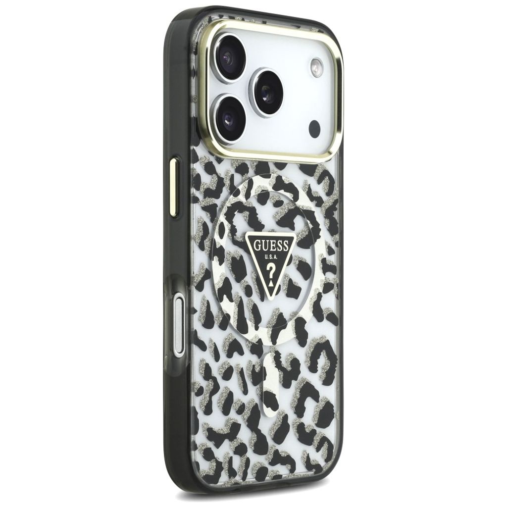 Guess Leopard Glitter Triangle Logo MagSafe -kuori  iPhone 17 Pro/18 Pro:lle - Musta