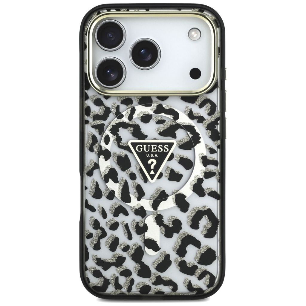 Guess Leopard Glitter Triangle Logo MagSafe -kuori  iPhone 17 Pro/18 Pro:lle - Musta