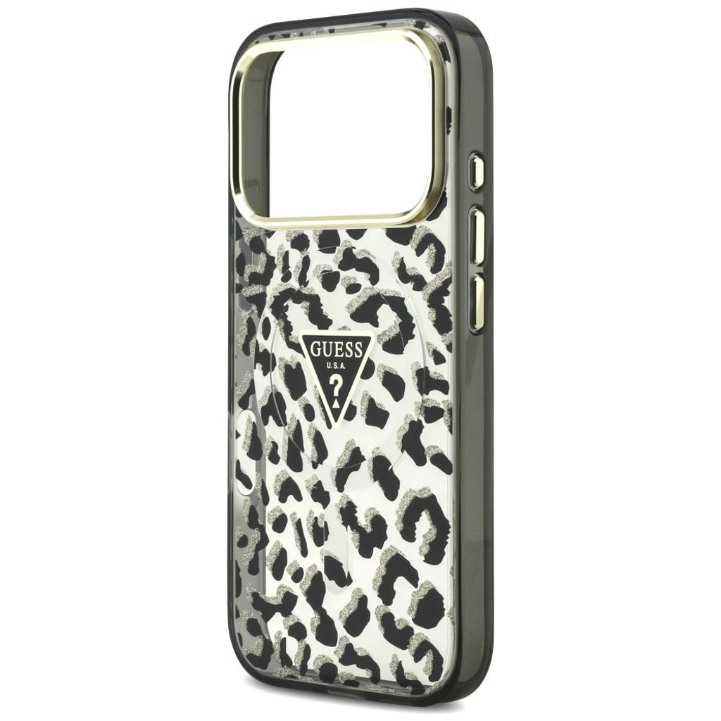 Guess Leopard Glitter Triangle Logo MagSafe -kuori  iPhone 17 Pro/18 Pro:lle - Musta