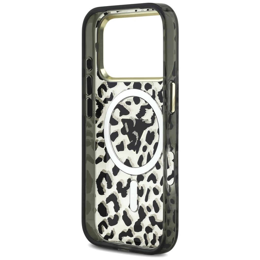 Guess Leopard Glitter Triangle Logo MagSafe -kuori  iPhone 17 Pro/18 Pro:lle - Musta