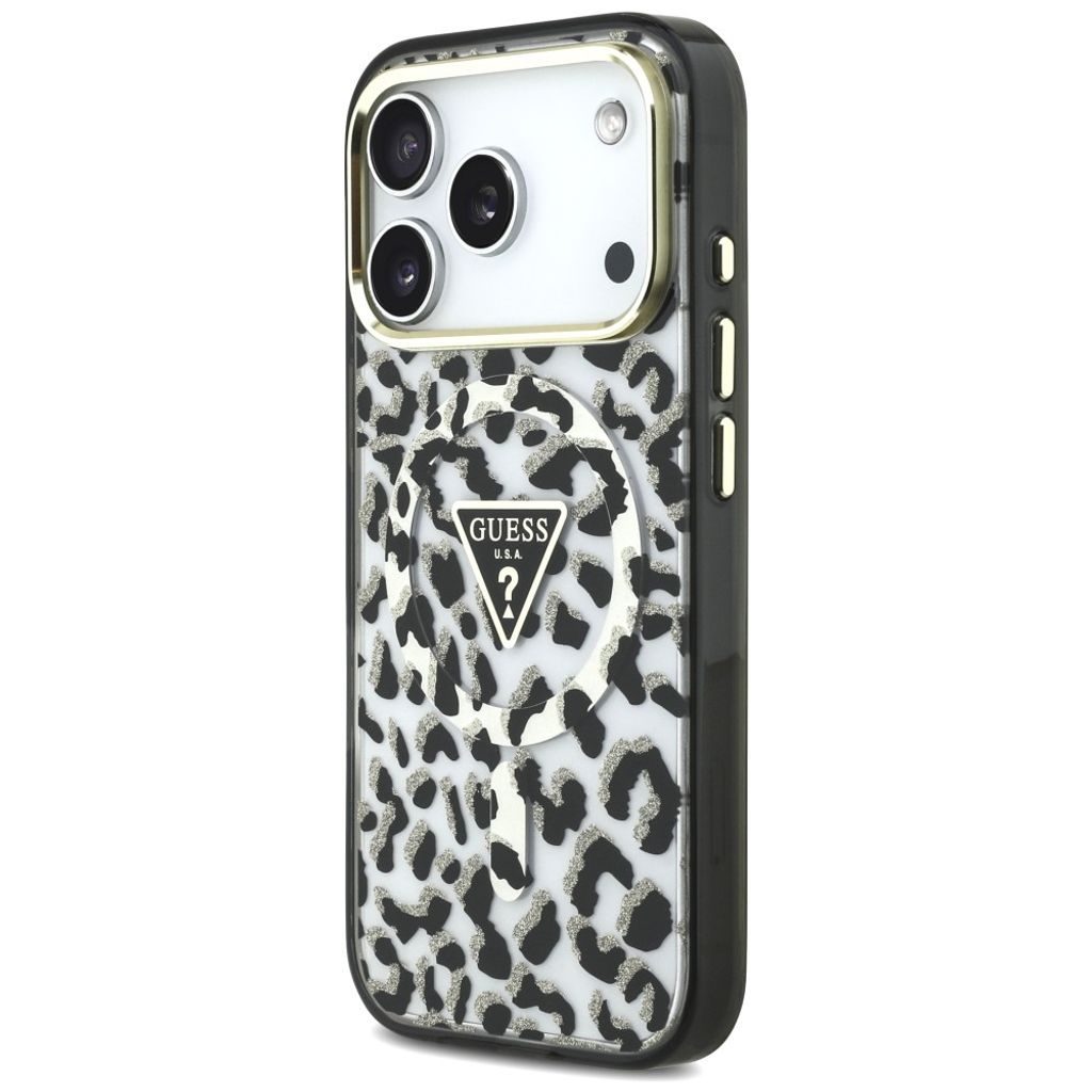 Guess Leopard Glitter Triangle Logo MagSafe -kuori  iPhone 17 Pro/18 Pro:lle - Musta