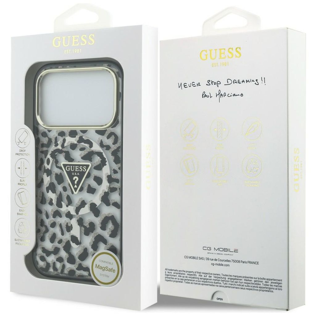 Guess Leopard Glitter Triangle Logo MagSafe -kuori  iPhone 17 Pro/18 Pro:lle - Musta