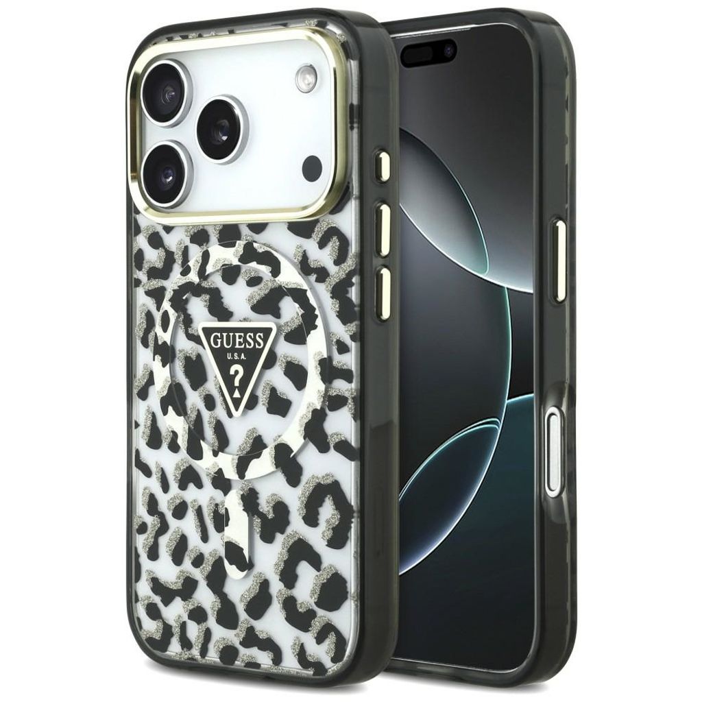 Guess Leopard Glitter Triangle Logo MagSafe -kuori  iPhone 17 Pro/18 Pro:lle - Musta