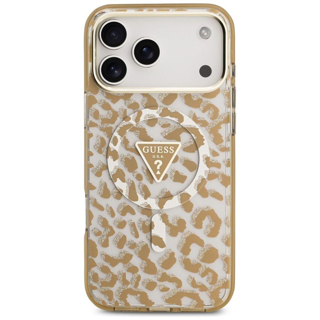 Guess Leopard Glitter Triangle Logo MagSafe -kuori  iPhone 17 Pro Max/18 Pro Max:lle - Ruskea