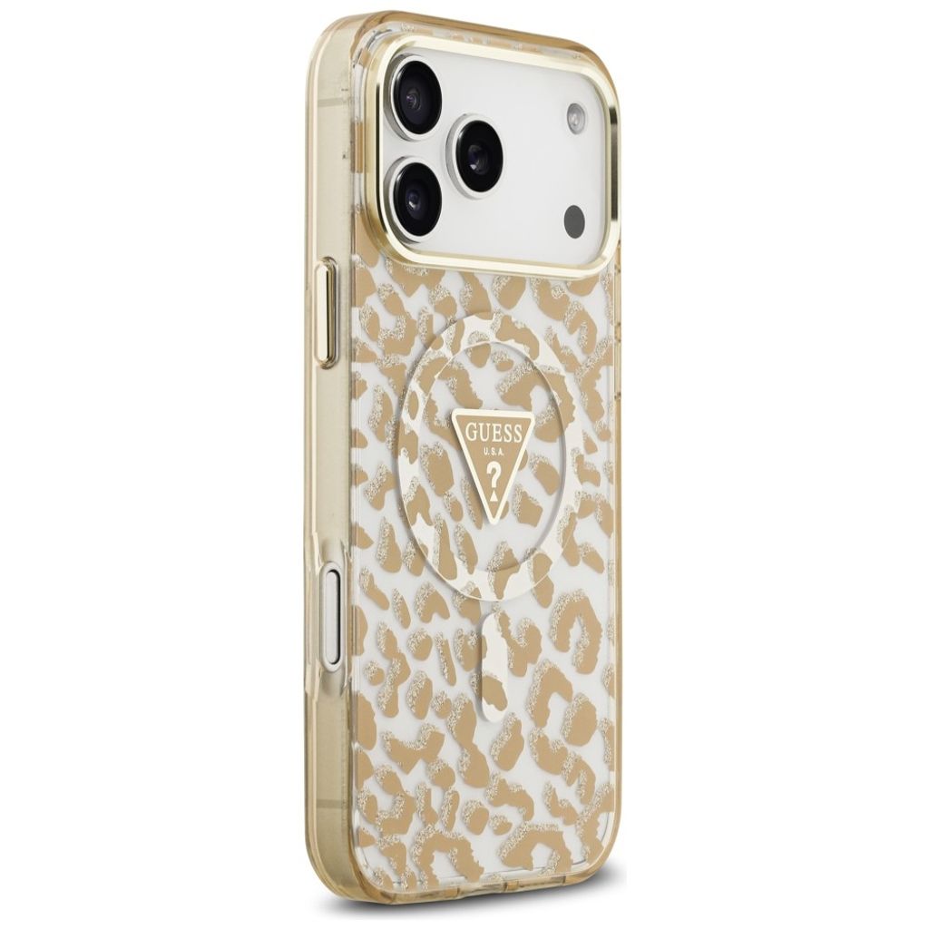 Guess Leopard Glitter Triangle Logo MagSafe -kuori  iPhone 17 Pro Max/18 Pro Max:lle - Ruskea