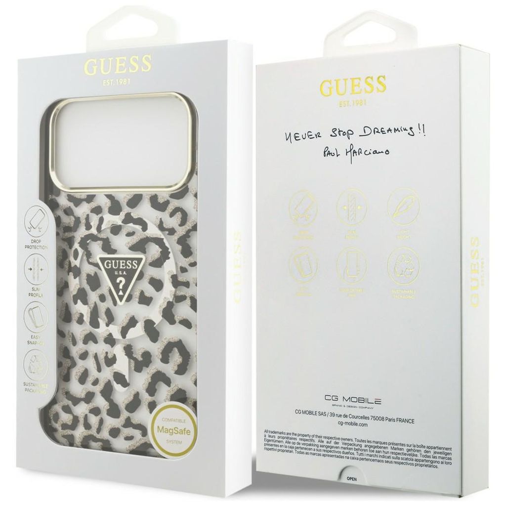 Guess Leopard Glitter Triangle Logo MagSafe -kuori  iPhone 17 Pro Max/18 Pro Max:lle - Musta