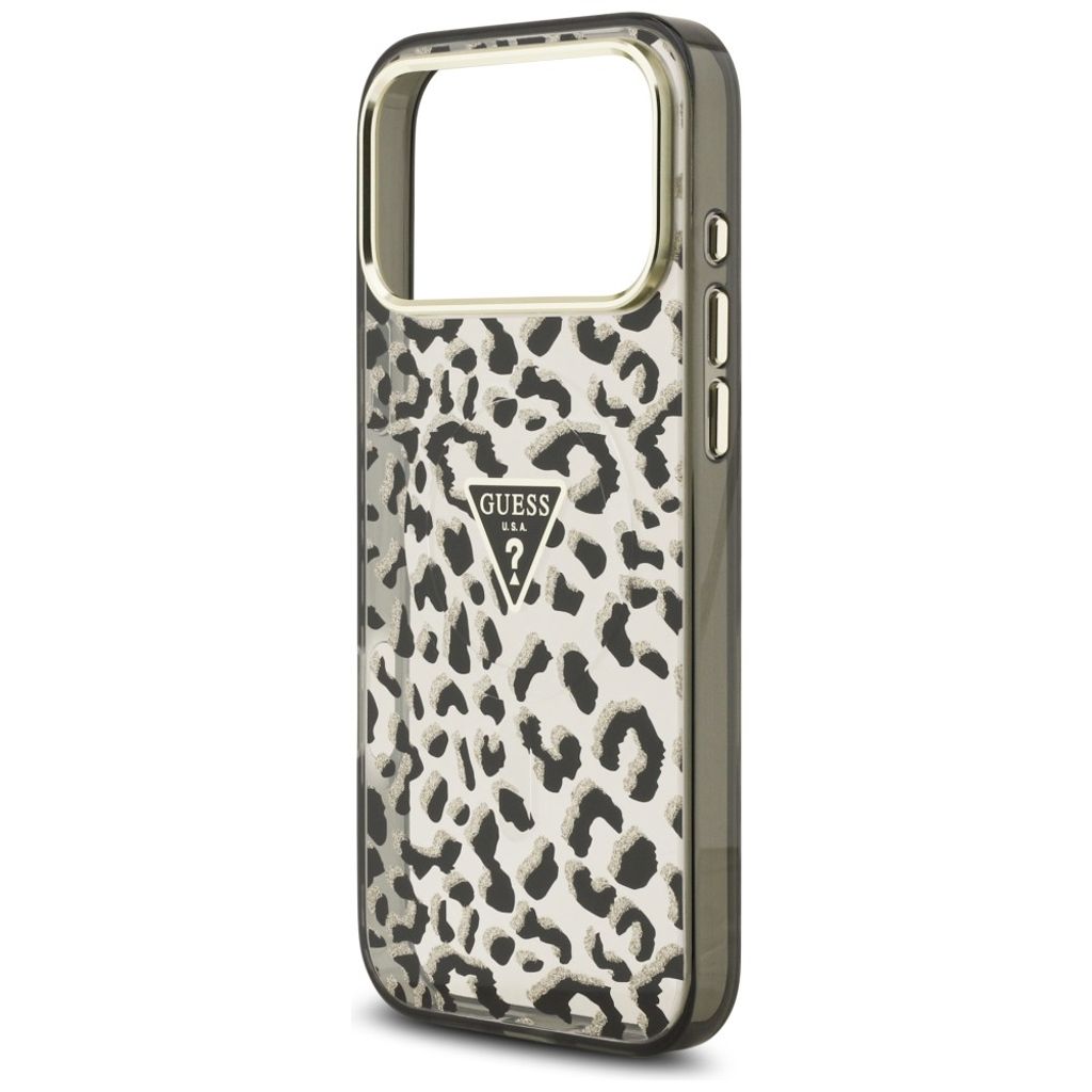 Guess Leopard Glitter Triangle Logo MagSafe -kuori  iPhone 17 Pro Max/18 Pro Max:lle - Musta