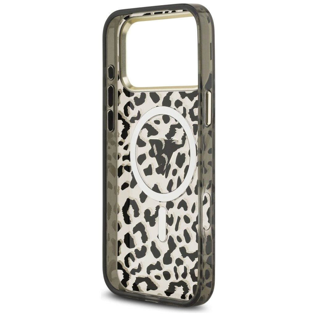 Guess Leopard Glitter Triangle Logo MagSafe -kuori  iPhone 17 Pro Max/18 Pro Max:lle - Musta