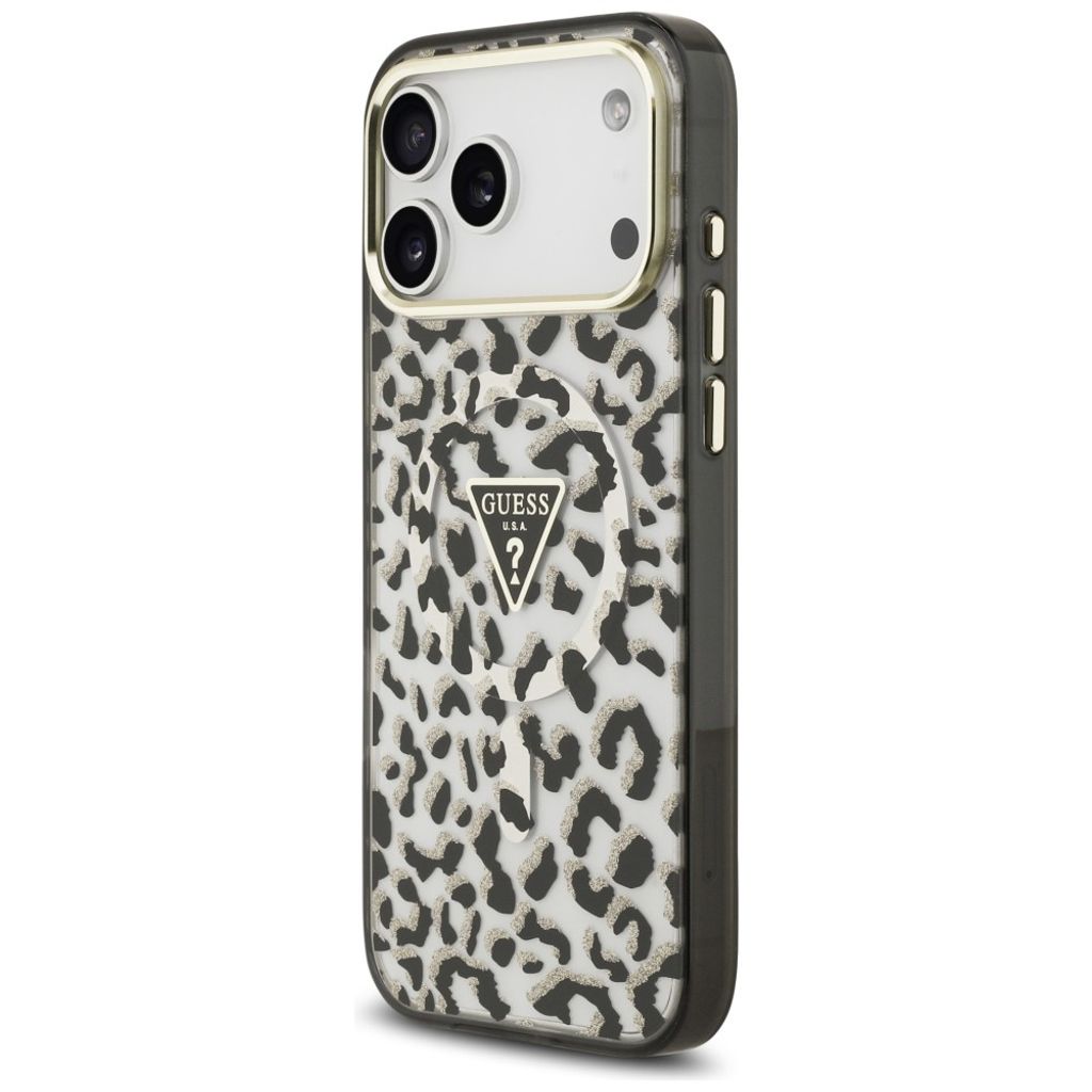 Guess Leopard Glitter Triangle Logo MagSafe -kuori  iPhone 17 Pro Max/18 Pro Max:lle - Musta