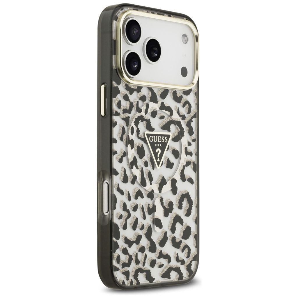 Guess Leopard Glitter Triangle Logo MagSafe -kuori  iPhone 17 Pro Max/18 Pro Max:lle - Musta