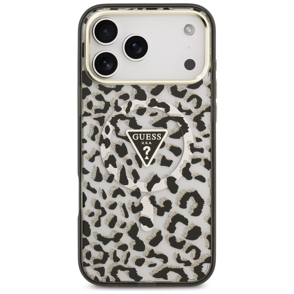 Guess Leopard Glitter Triangle Logo MagSafe -kuori  iPhone 17 Pro Max/18 Pro Max:lle - Musta