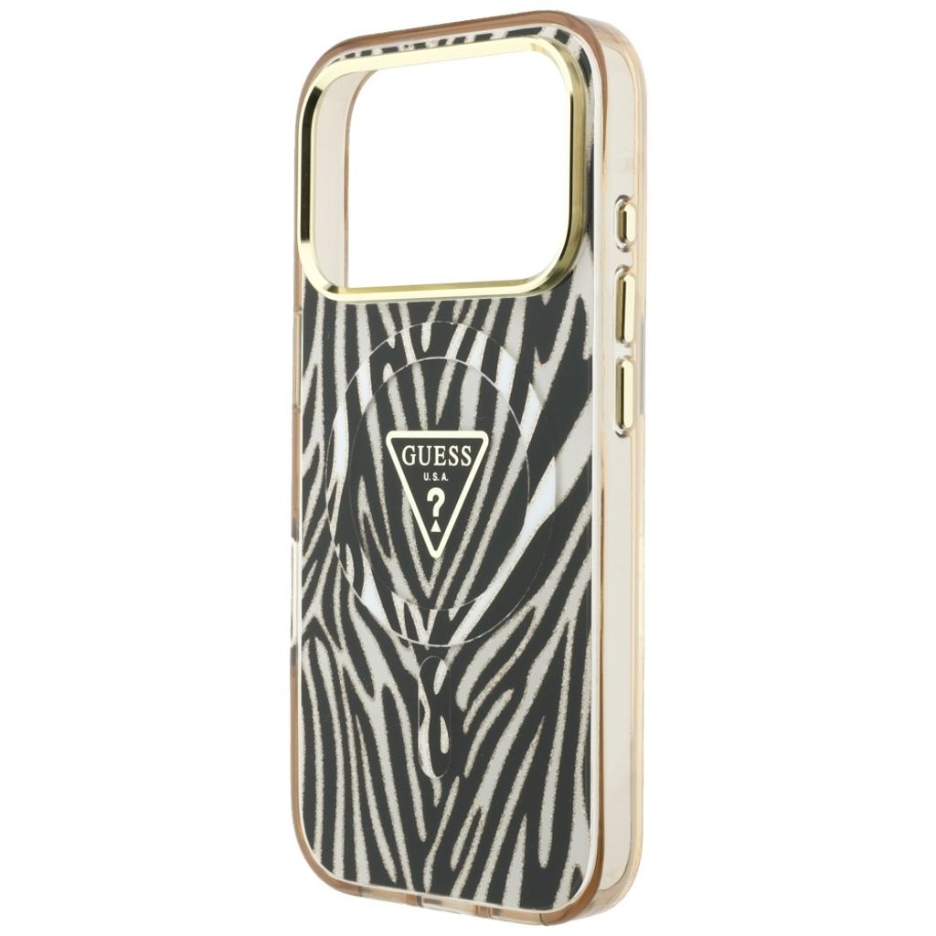 Guess Zebra Glitter Triangle Logo MagSafe -kuori  iPhone 17 Pro Max/18 Pro Max:lle - Kulta