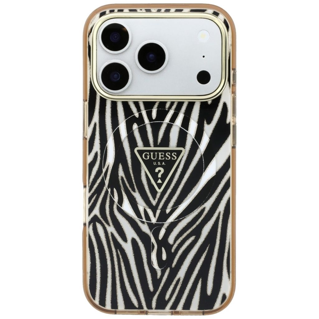 Guess Zebra Glitter Triangle Logo MagSafe -kuori  iPhone 17 Pro Max/18 Pro Max:lle - Kulta