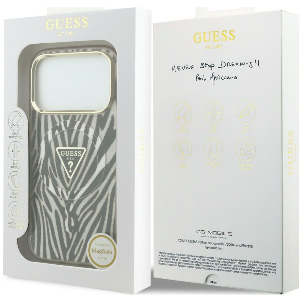 Guess Zebra Glitter Triangle Logo MagSafe -kuori  iPhone 17 Pro Max/18 Pro Max:lle - Kulta