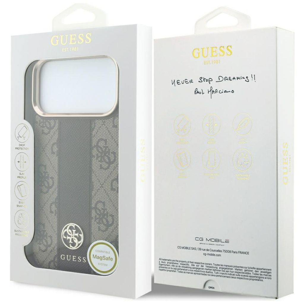 Guess 4G Stripe Classic Logo MagSafe -kuori iPhone 17 Pro/18 Pro:lle - Ruskea