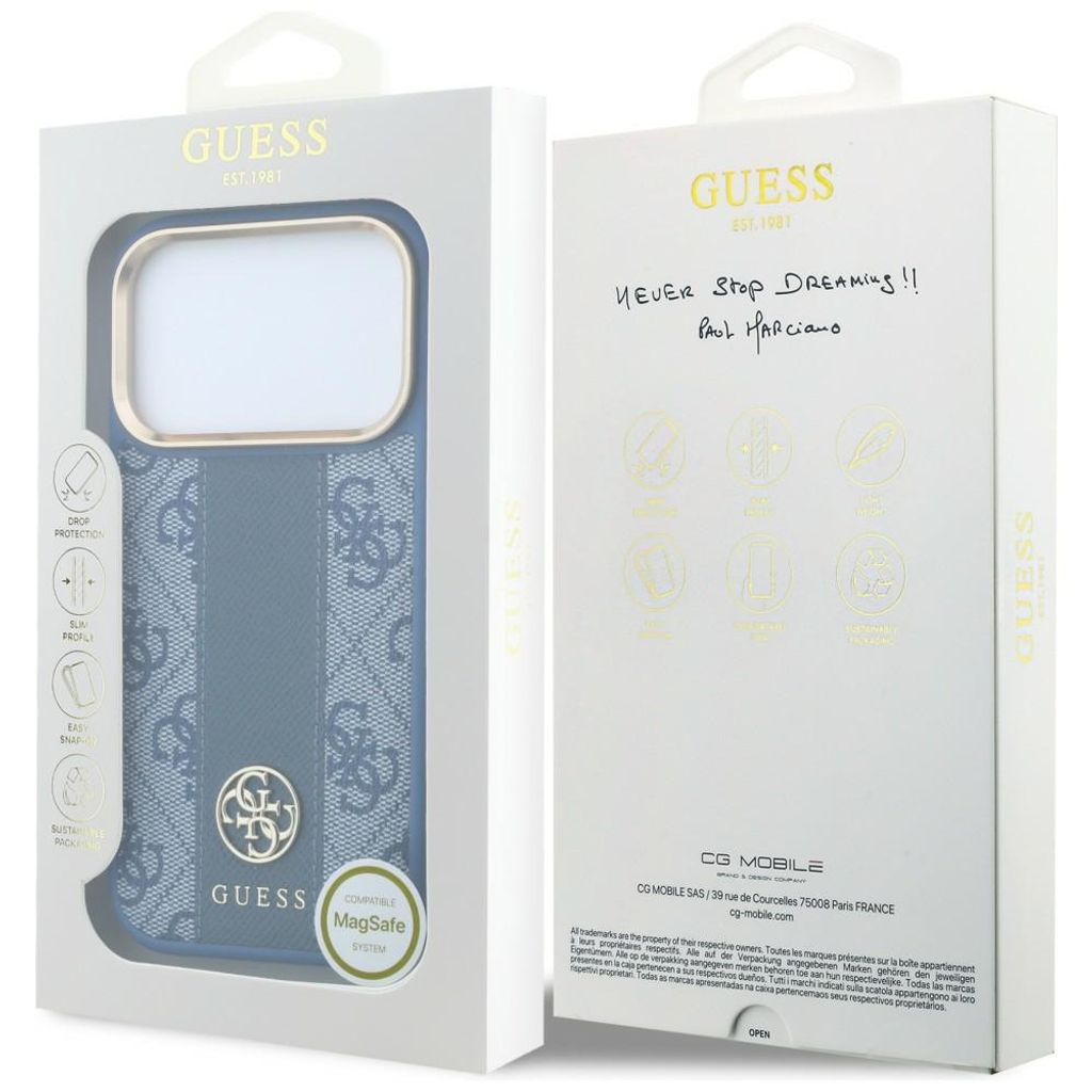 Guess 4G Stripe Classic Logo MagSafe -kuori iPhone 17 Pro/18 Pro:lle - Sininen