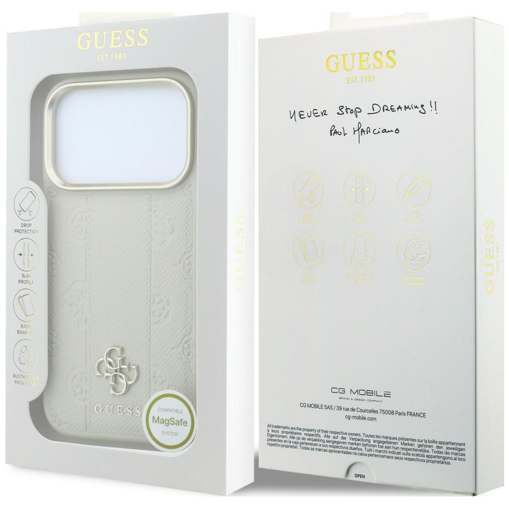 Guess Peony 4G Small Logo MagSafe -kuori iPhone 17 Pro Max/18 Pro Max:lle - Beige
