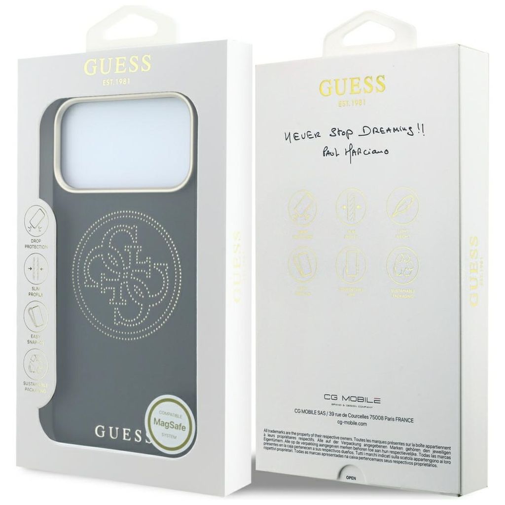Guess Perforated 4G Gold Logo MagSafe -kuori iPhone 17 Pro/18 Pro:lle - Musta