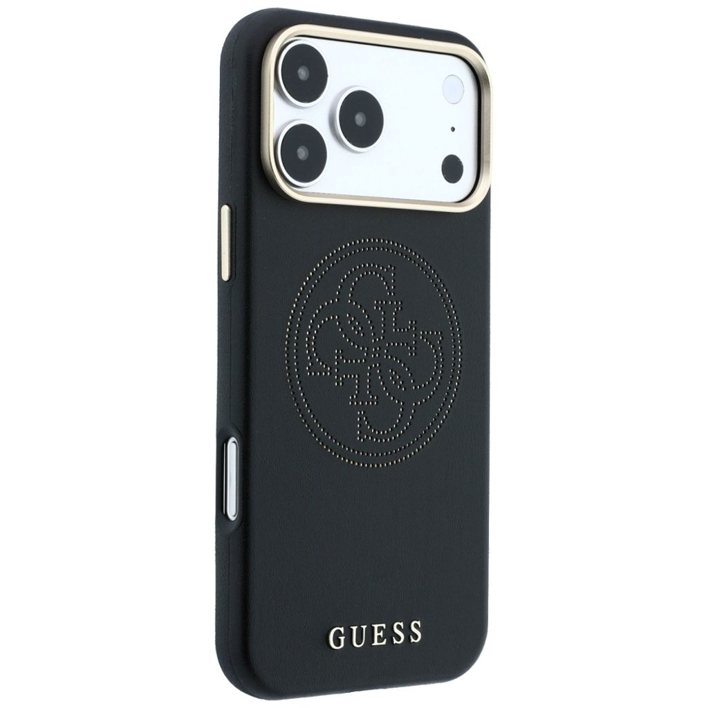 Guess Perforated 4G Gold Logo MagSafe -kuori iPhone 17 Pro/18 Pro:lle - Musta