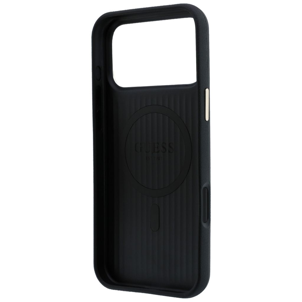 Guess Perforated 4G Gold Logo MagSafe -kuori iPhone 17 Pro/18 Pro:lle - Musta