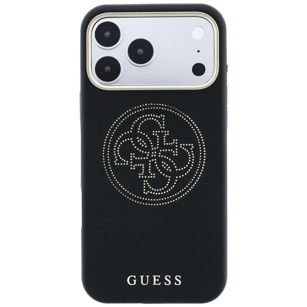 Guess Perforated 4G Gold Logo MagSafe -kuori iPhone 17 Pro/18 Pro:lle - Musta
