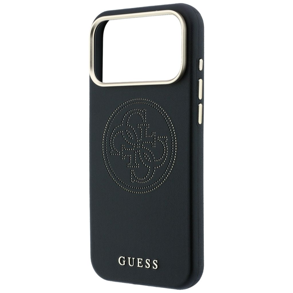 Guess Perforated 4G Gold Logo MagSafe -kuori iPhone 17 Pro/18 Pro:lle - Musta