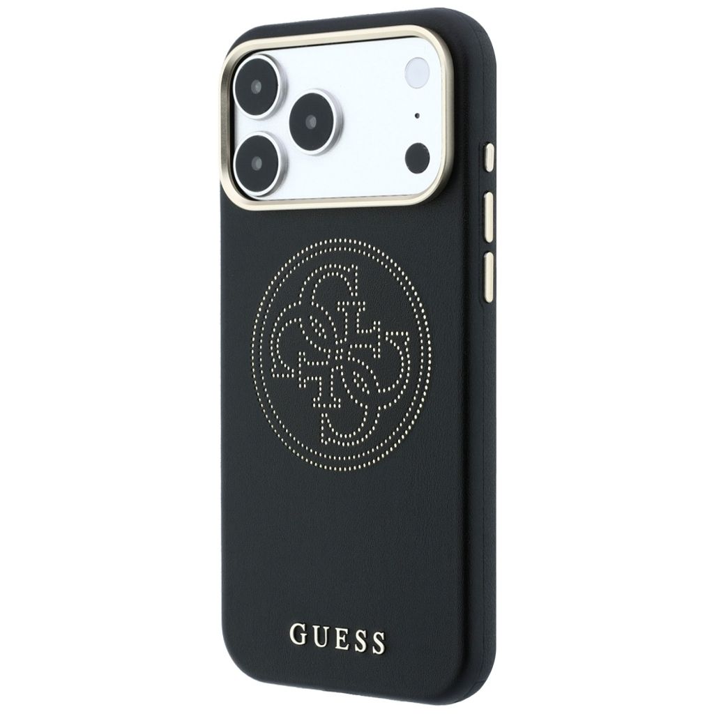 Guess Perforated 4G Gold Logo MagSafe -kuori iPhone 17 Pro/18 Pro:lle - Musta
