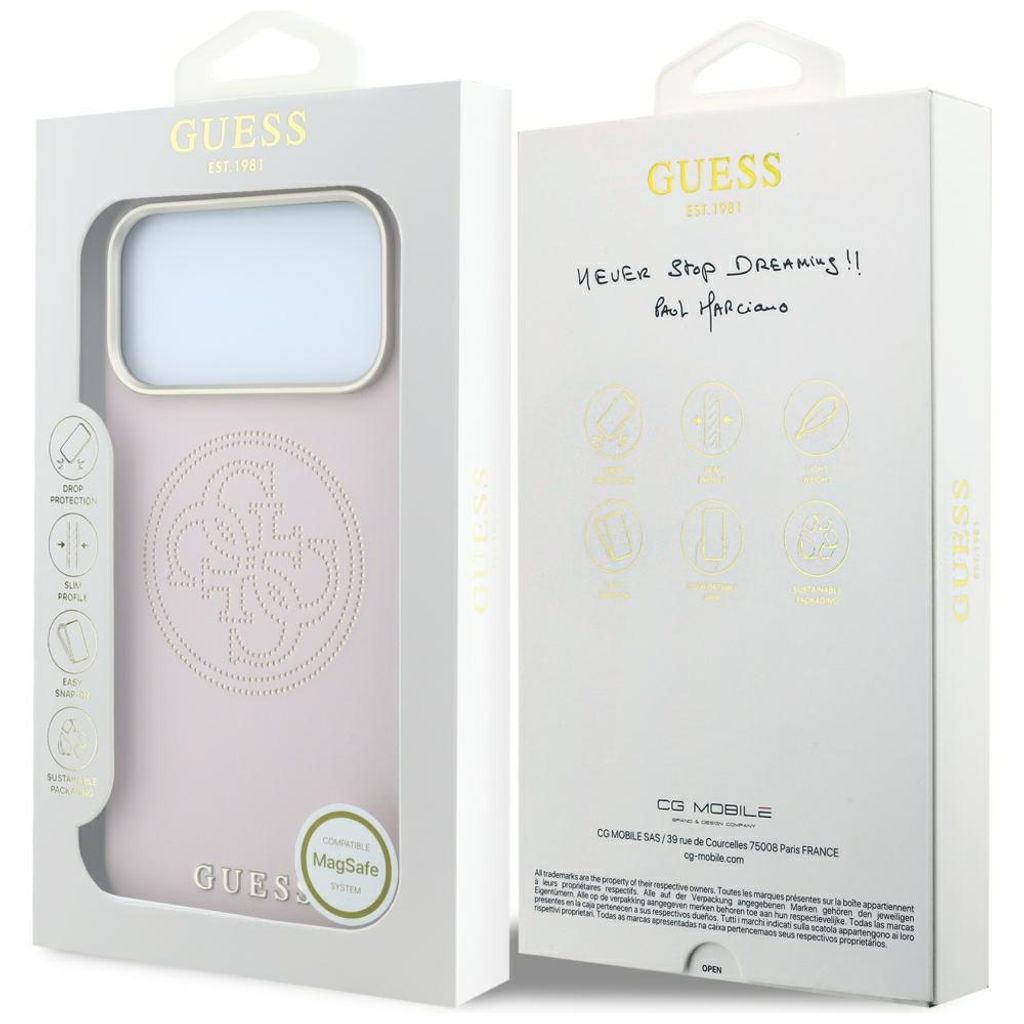 Guess Perforated 4G Gold Logo MagSafe -kuori iPhone 17 Pro Max/18 Pro Max:lle - Vaaleanpunainen