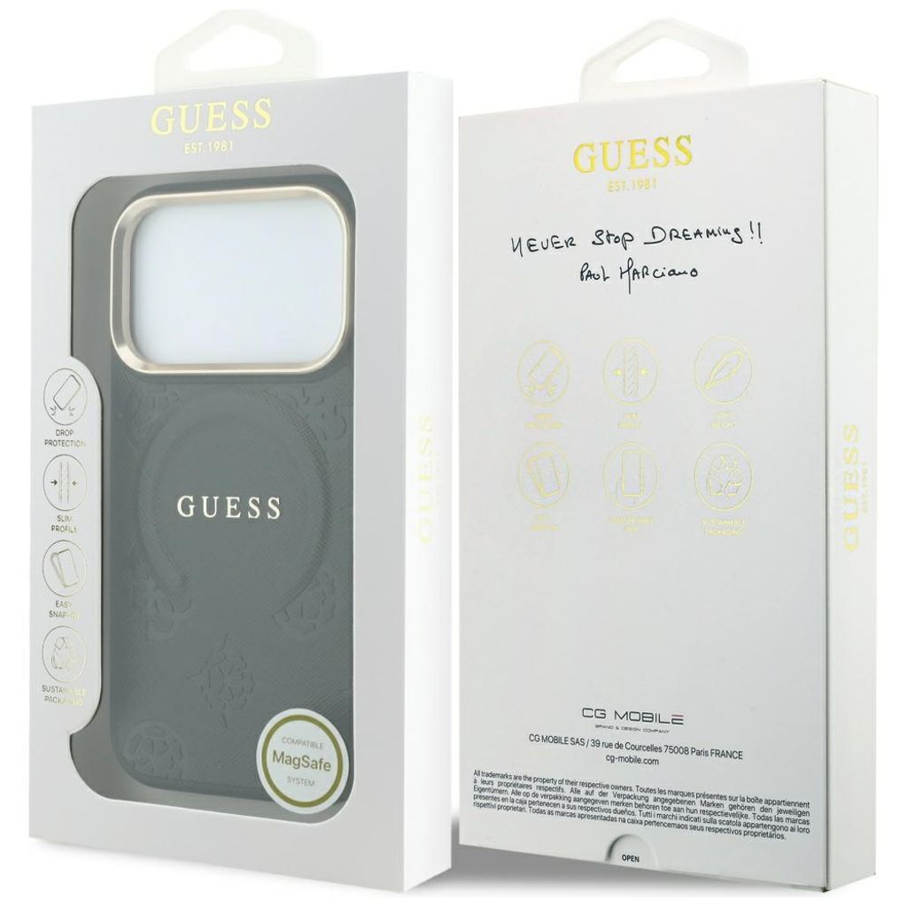 Guess Saffiano Peony MagSafe -kuori  iPhone 17 Pro/18 Pro:lle - Musta