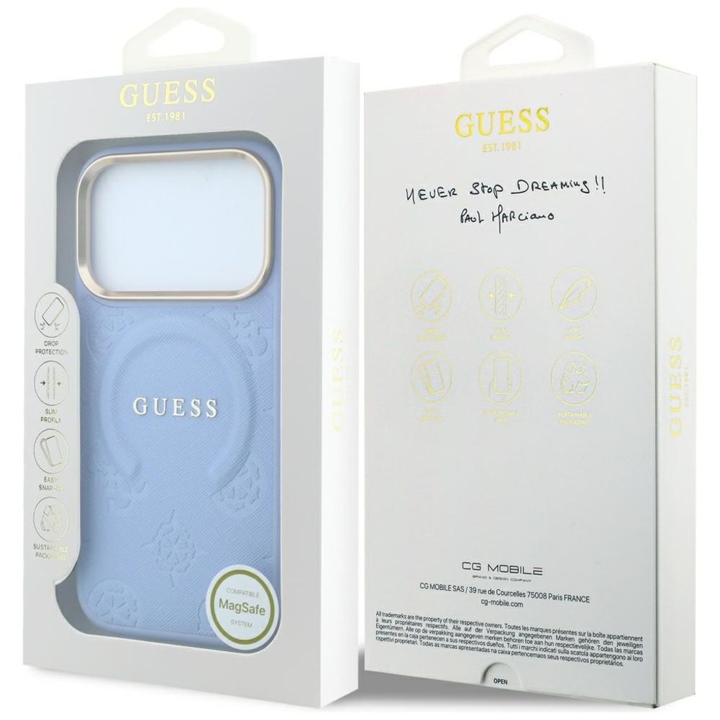 Guess Saffiano Peony MagSafe -kuori iPhone 17 Pro/18 Pro:lle - Vaaleansininen