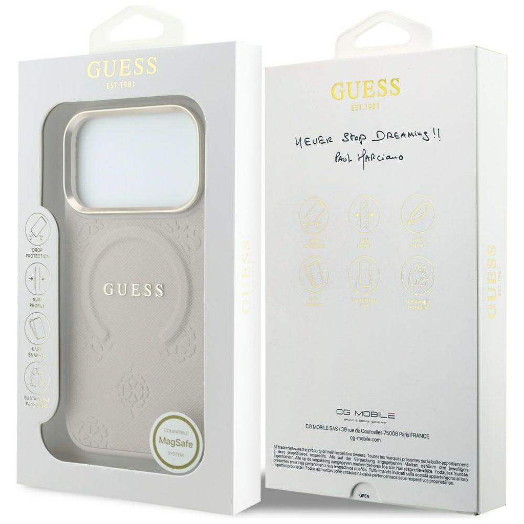 Guess Saffiano Peony MagSafe -kuori iPhone 17 Pro Max/18 Pro Max:lle - Vaaleanpunainen