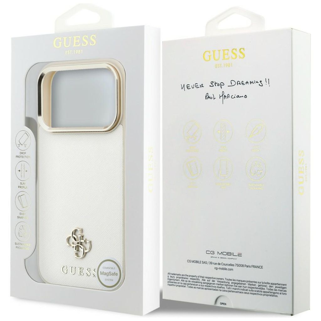 Guess Saffiano Small 4G Logo MagSafe -kuori iPhone 17 Pro Max/18 Pro Max:lle - Beige
