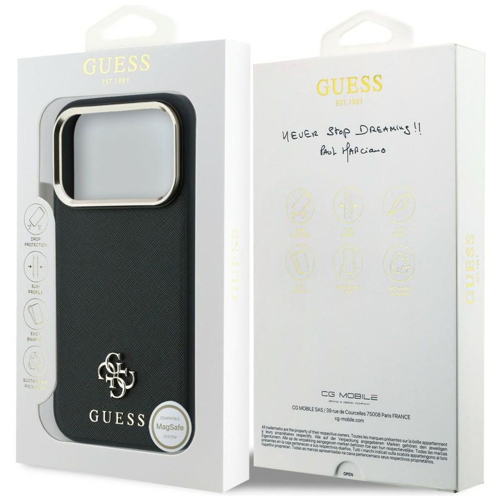 Guess Saffiano Small 4G Logo MagSafe -kuori  iPhone 17 Pro Max/18 Pro Max:lle - Musta
