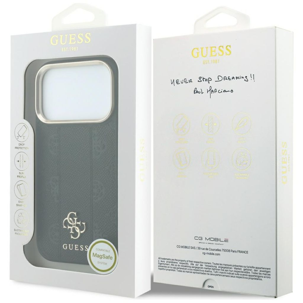 Guess Stripe Peony 4G Logo MagSafe -kuori iPhone 17 Pro Max/18 Pro Max:lle - Musta
