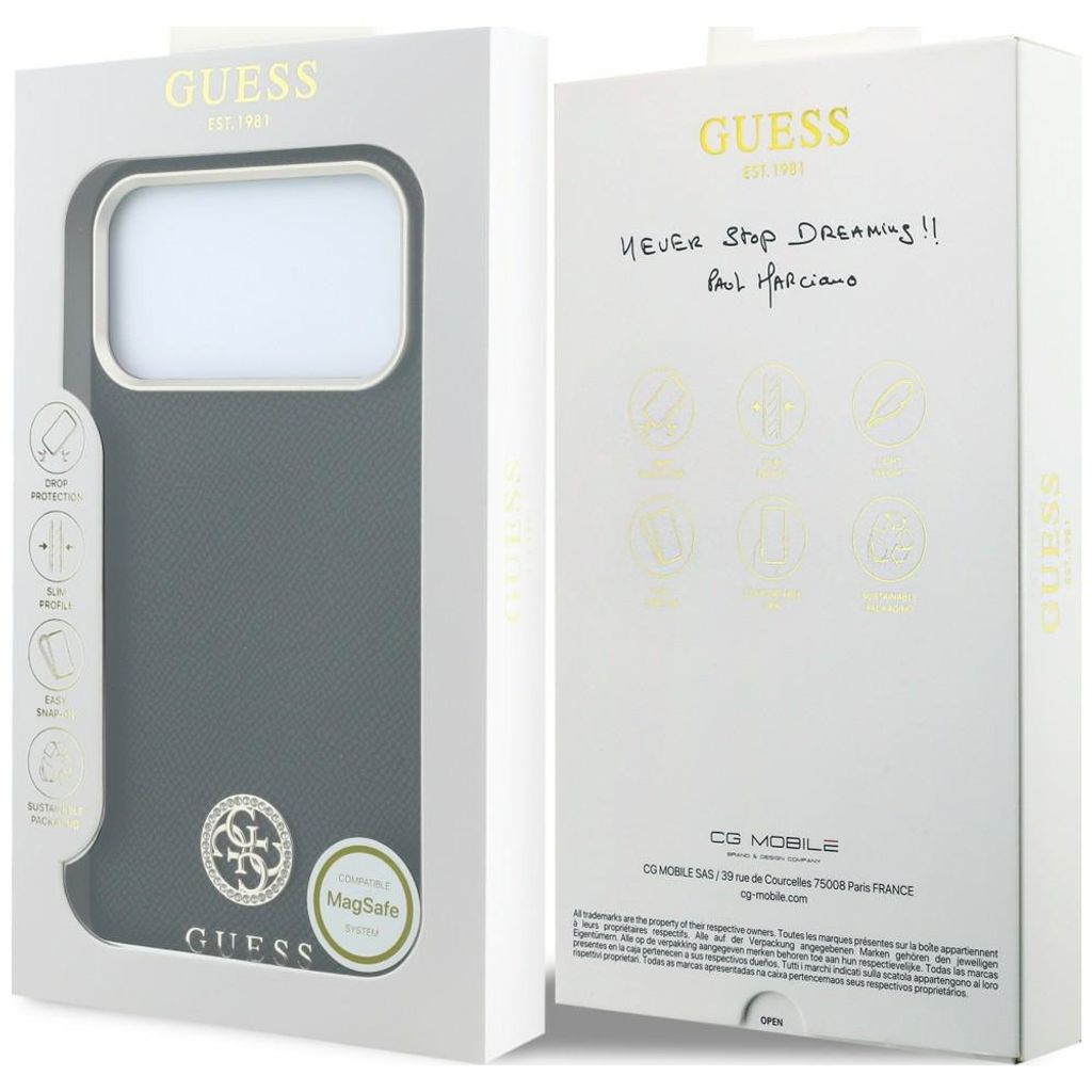 Guess Grained Round Strass Logo MagSafe -kuori till iPhone 18 Pro Max/17 Pro Max - Musta