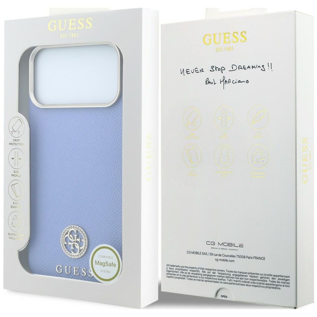 Guess Grained Round Strass Logo MagSafe -kuori till iPhone 18 Pro Max/17 Pro Max - Sininen