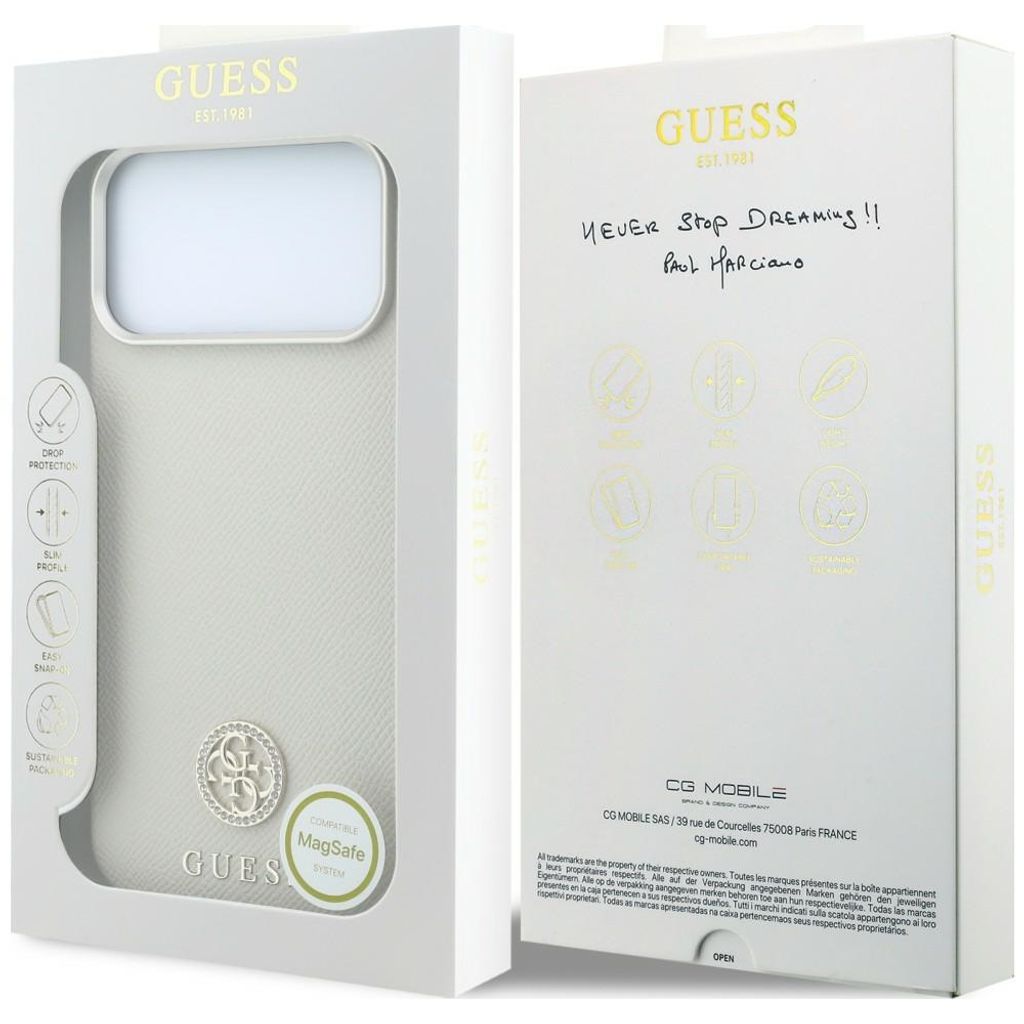 Guess Grained Round Strass Logo MagSafe -kuori till iPhone 18 Pro/17 Pro - Beige