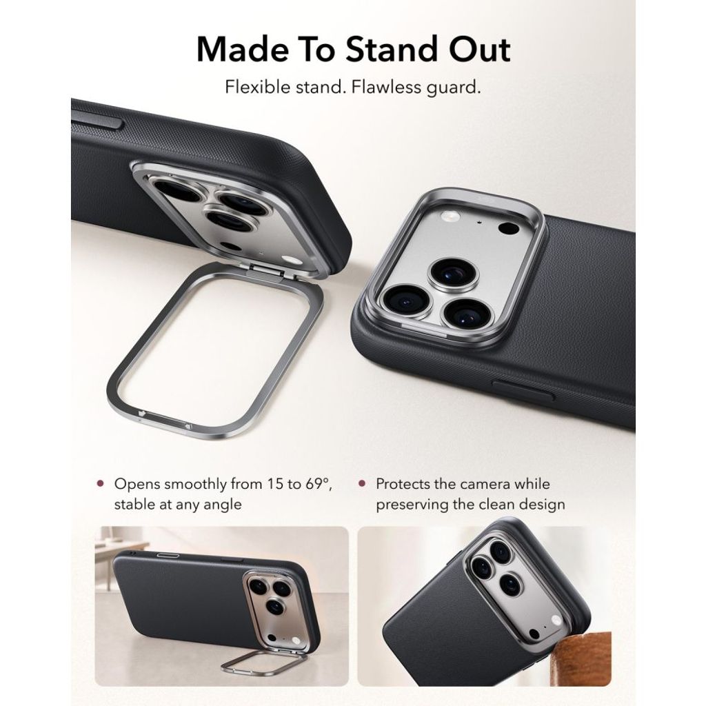 ESR Leather Kickstand MagSafe -kuori till iPhone 18 Pro/17 Pro - Musta
