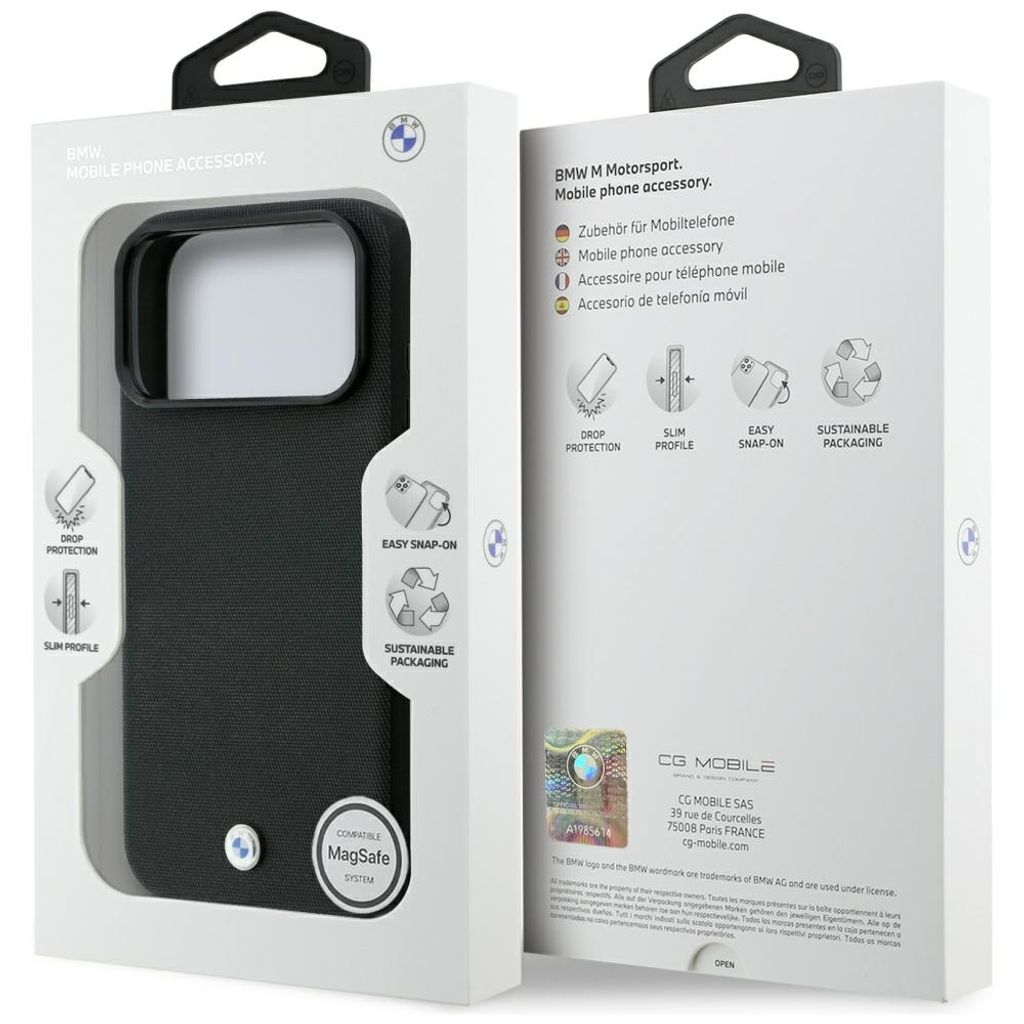 BMW Kevlar Metal Logo MagSafe -kuori till iPhone 18 Pro Max/17 Pro Max - Musta