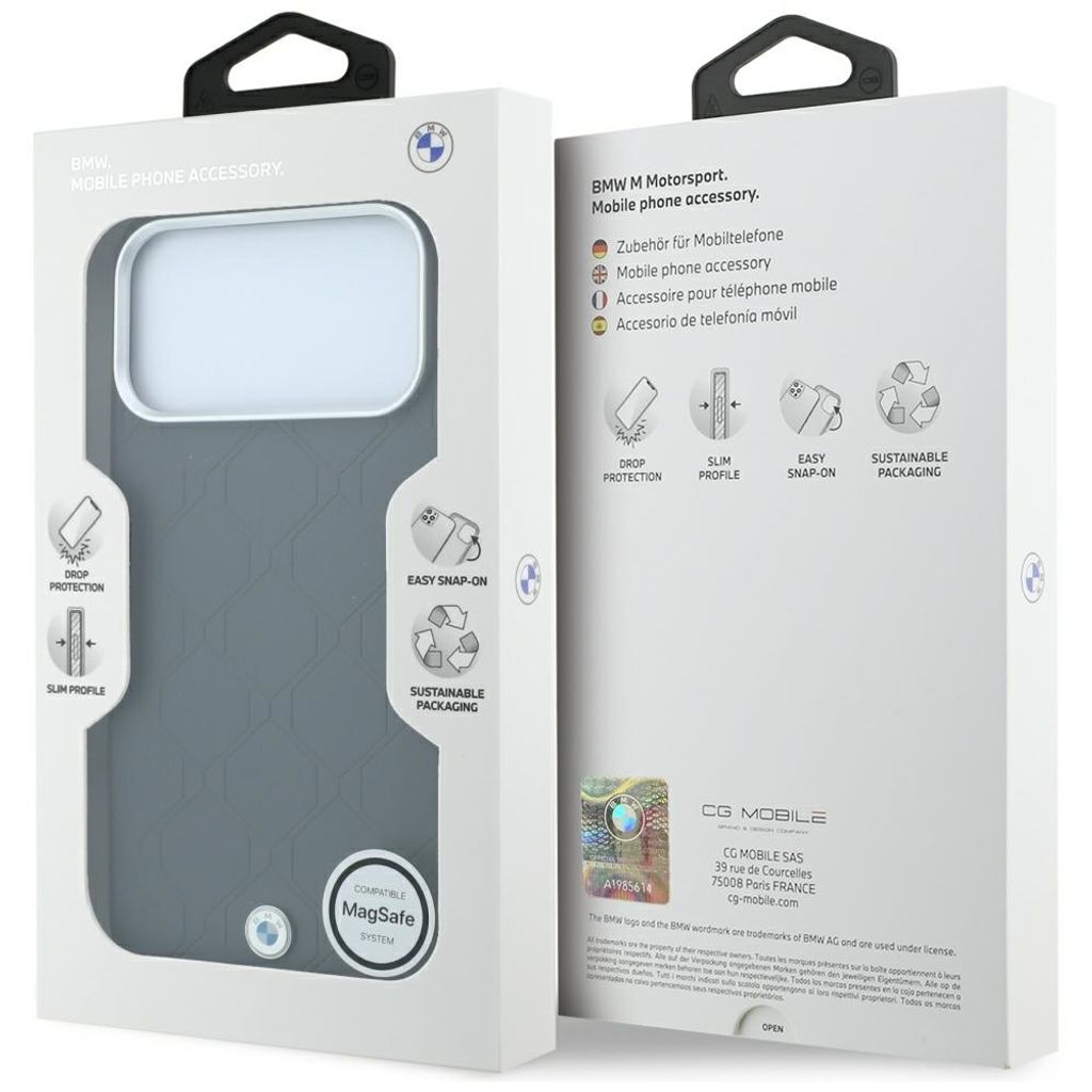 BMW Deboss Quilted Metal Logo MagSafe -kuori till iPhone 18 Pro Max/17 Pro Max - Harmaa