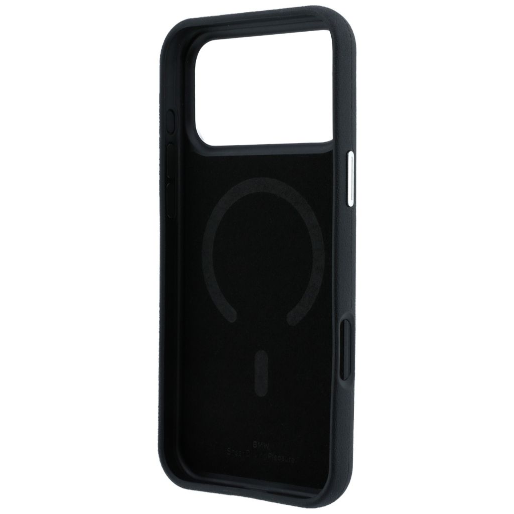 BMW Deboss Quilted Metal Logo MagSafe -kuori till iPhone 18 Pro Max/17 Pro Max - Musta